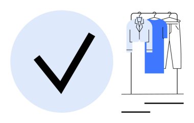 Açık mavi bir dairede büyük siyah bir işaretin yanında asılı mavi ve beyaz elbiseli elbise askısı. Moda, perakende, e-ticaret, yaşam tarzı, giyim organizasyonu, minimalizm, markalaşma için ideal