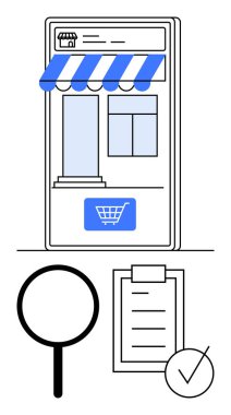 Mavi çizgili tenteli akıllı telefon, alışveriş arabası ikonu, büyüteç, işaretli kontrol listesi. Perakende, alışveriş, e-ticaret, analiz, dijital pazarlama ve soyut karar verme için ideal