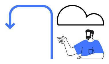 Bulutun ana hatlarına yakın eğri mavi bir oku işaret eden bir adam. Navigasyon, bulut teknolojisi, rehberlik, karar verme, veri yönü, yenilik, soyut düz metafor için ideal