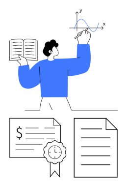 Grafik çizen, kitap tutan, etrafı dolar işaretli sertifika ve belgelerle çevrili. Eğitim, iş stratejisi, sunum becerileri, mali büyüme, sertifika ve öğrenim için ideal