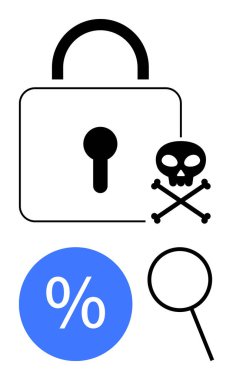 Güvenlik için kilit, kafatası ve çapraz kemikler tehlike için, yüzde mavi sembol ve büyüteç için. Siber güvenlik, veri analizi, çevrimiçi güvenlik, tehdit algılama, risk değerlendirme savunmasızlığı için ideal