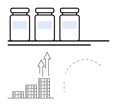 Yükselen bar tablosunun üstündeki ilaç şişeleri ilerlemeyi simgeleyen oklarla dolu. Sağlık, ilaç, yatırım, büyüme stratejileri, yenilik, finansal eğilimler ve araştırma için idealdir. Soyut satır düzlüğü