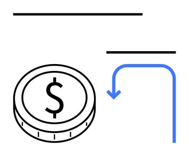 Yatay çizgilerin altında aşağı doğru eğimli mavi ok olan dolar sikkesi. Finans, tasarruf, işlemler, zenginlik akışı, yatırım planlaması, ekonomik değişiklikler için ideal, soyut çizgi düz