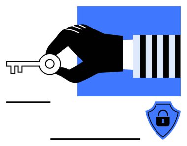 Mavi arka planda el ele tutuşan anahtar, altında kilit simgesi olan kalkan. Siber güvenlik, veri koruması, şifreler, gizlilik, erişim kontrolü, dijital güvenlik, soyut düz metafor için ideal