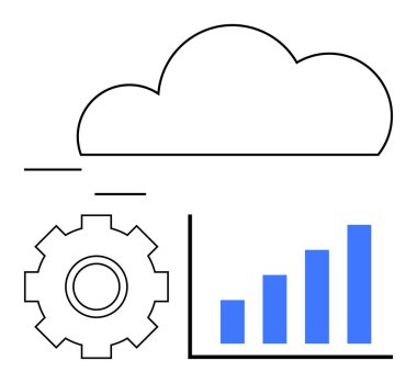 Bulut, dişli ve çubuk grafik vurgu yeniliği, teknoloji, veri analizi, bulut hesaplama ve performans. IT hizmetleri için ideal, dijital dönüşüm bulut çözümleri yapay zeka üretkenliği