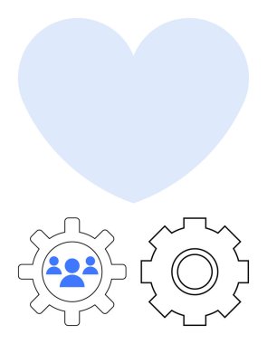 Mavi kalp ve iki vites simgesi, birinde grup simgesi var. Takım çalışması, işbirliği, aşk, bakım, üretkenlik, takım oluşturma, iş akışı soyut metaforu için ideal