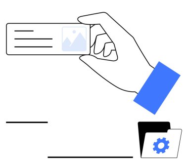 Elinde görüntü tutacağı ve çizgileri olan dijital bir kart, yanında da ekipman olan bir klasör var. İş süreçleri, organizasyon, veri yönetimi, teknoloji entegrasyonu, dosya depolama, iş akışı için ideal