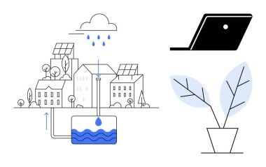 Güneş paneli olan şehirler yağmur suyu, dizüstü bilgisayar ve saksı bitkileri topluyor. Sürdürülebilirlik, yağmur suyu hasat etme, çevre dostu teknoloji, şehir tasarımı, yeşil yaşam, yenilenebilir enerji