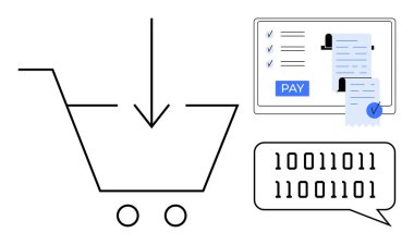 İndirme oku olan alışveriş arabası, dijital ödeme ekranı, işaretli makbuz, ikili kod. E-ticaret, çevrimiçi işlemler, dijital fatura, ödeme işlemleri, güvenli satın alma için ideal