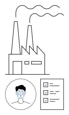 Fabrika, kontrol listesi ve yüz tanıma sistemi ile duman yayıyor. Endüstri, teknoloji, uyum, sürdürülebilirlik, verimlilik, izleme, soyut düz çizgi metaforu için ideal