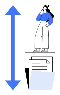 İş kadını sıradaki hamlesini düşünüyor. Yukarıya bakan büyük mavi ok, altta bir yığın belge ve açık mavi klasör. Karar verme, büyüme, hedefler, planlama, strateji için ideal