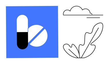 Mavi kareli bulut ve yaprağın ana hatlarıyla kapsül ve yarım tablet. Sağlık, ilaç, sağlık, doğal ilaçlar, ilaç, denge, sağlık hizmetleri için idealdir. Modern tasarım minimalist soyut