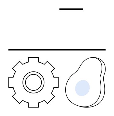 Geometrik çizgilerle çevrili basit avokado hatlarının yanında soyut vites biçimi. Teknoloji, gıda endüstrisi, mühendislik, sağlık, sürdürülebilirlik, minimalizm, soyut düz metafor için ideal