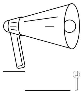 İngiliz anahtarı ikonuyla ses dalgaları yayan megafon, iletişimi, duyuruları, çözümleri, araçları, takım çalışmasını, pazarlama stratejilerini ve teknik düzeltmeleri temsil ediyor. Mesajlaşma soyut satırı için ideal