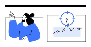 Kadın jestleri ekranda odak noktası ve eğilim grafiğini gösteriyor. İş stratejisi, analitik, hedef belirleme, sunumlar, eğitim, liderlik, soyut çizgi düz metaforu için ideal