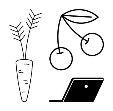 Havuç, kiraz ve minimalist çizgi sanatında temsil edilen bir laptop. Beslenme, verimlilik, teknoloji, iş hayatı dengesi, sağlık bağlantıları ve sağlıklı alışkanlıklar için idealdir. Estetik