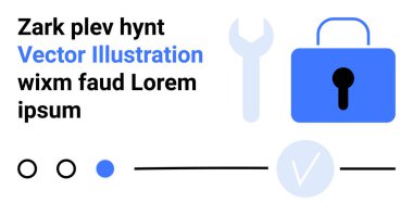 Anahtar, kilit, kontrol işareti ve mavi ve siyah renkli dairesel simgeler yanında yer tutucu metin. Teknoloji, güvenlik, araçlar, grafik tasarımı, kullanıcı arayüzü dijital illüstrasyon web tasarımı için ideal