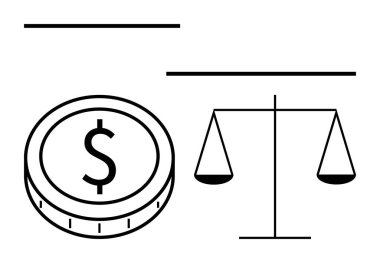 Dolar işaretli sikke ve denge terazisi finans ve hukuk sistemlerinde adaleti vurguluyor. Ekonomik adalet, iş ahlakı, eşitlik, hukuki adalet, mali kararlar, değiş tokuşlar için ideal