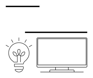 Bilgisayar, yenilik ve teknoloji gelişimini temsil eden parlayan bir ampulün yanında. Teknoloji geliştirme, yaratıcı süreçler, eğitim materyalleri, iş sunumları için ideal