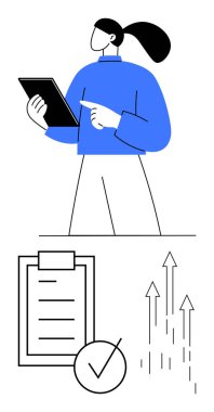 Ekranı işaret ederken elinde tablet tutan bir kadın, işaretli kontrol listesi, yukarı doğru oklar. Üretkenlik, ilerleme izleme, hedef belirleme, görev yönetimi, planlama, büyüme yeniliği için ideal