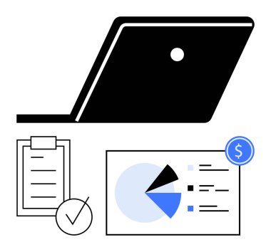 Laptop silueti, panoda işaretli kontrol listesi ve dolar simgesi olan finansal pasta grafiği. Finans, üretkenlik, analiz, planlama, organizasyon, iş araçları soyut çizgi için ideal