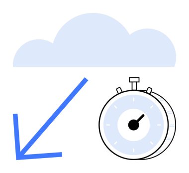 Aşağı doğru ok ve kronometreyle bulut veri indirme hızı, zaman yönetimi ve bulut teknolojisini ön plana çıkarıyor. Teknoloji, üretkenlik, bulut hesaplama, verimlilik, yenilik, transfer hızı için ideal