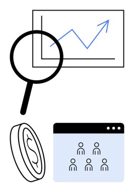 Yükselen grafiği, dolar parasını ve kullanıcı simgeleriyle tarayıcıyı inceleyen büyüteç. Ticari büyüme, pazarlama, analitik, yatırım, hedef kitle, soyut finansman hattı için ideal