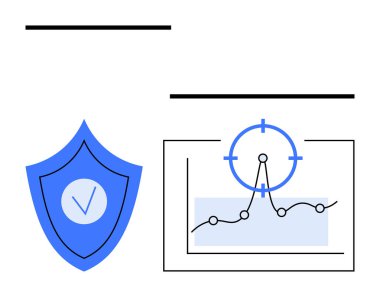 Bir odak simgesinin hedeflediği bir grafiğin yanında işaretli mavi bir kalkan. Siber güvenlik, veri koruması, performans analizi, risk yönetimi, hassasiyet, sistem izleme, soyut düz çizgi