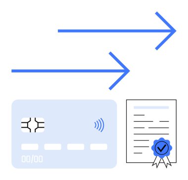 Üzerinde transferi gösteren iki mavi ok bulunan onaylı belgenin yanında çip ve kablosuz sinyal olan kredi kartı. Finans, işlem, kimlik doğrulama, e-ticaret, ödeme için ideal