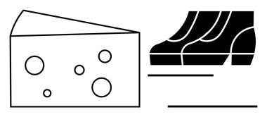 Delikli bir parça peynir ve minimalist siyah-beyaz tarzda çizilmiş bir çift koşu ayakkabısı. Sağlıklı yaşam, zindelik dengesi, gıda seçenekleri, beslenme kararları için ideal.