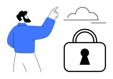 Adam büyük asma kilit sembolünün yakınındaki bulutu işaret ediyor. Bulut güvenliği, veri koruması, çevrimiçi mahremiyet, uzak sunucu erişimi, teknoloji hizmetleri, bilişim güvenliği, dijital güvenlik için ideal. Satır metaforu