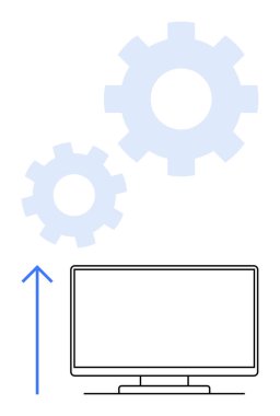 Bilgisayar monitörü, yukarı doğru mavi ok ve iki açık mavi dişli. Teknolojik gelişim, verimlilik, iş büyümesi, stratejik planlama, otomasyon, verimlilik ve yenilik için ideal. Satır metaforu