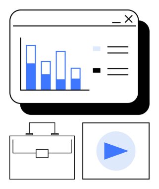 Uygulama penceresi, evrak çantası ve çalma düğmesindeki çubuk çizelgesi. Analiz, iş stratejisi, eğitim, teknoloji, pazarlama, finansal planlama için ideal düz bir metafor