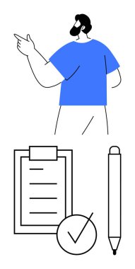 Güvenle işaret eden adam, kontrol listesi, kalem ve işaretli pano. Üretkenlik, planlama, yönetim, organizasyon görev izleme hedef belirleme takım çalışması için idealdir. Temiz soyut çizgi düz