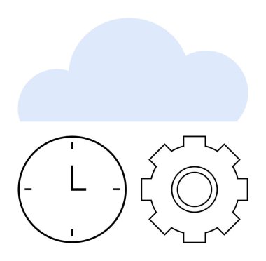 Otomasyonu, verimliliği, dijital araçları ve üretkenliği gösteren minimal saat ve dişli simgelerinin üzerindeki bulut şekli. Bulut hizmetleri, zaman izleme, iş akışı, yenilik, sistem güncellemeleri için ideal