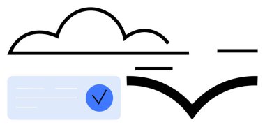 İşaret simgesi, belge ve doğrulama sembolü olan bir bulut. Veri güvenliği, bulut depolama, dosya paylaşımı, çevrimiçi doğrulama, dijital güvenlik İnternet güvenliği işlemleri için ideal. Çizgi