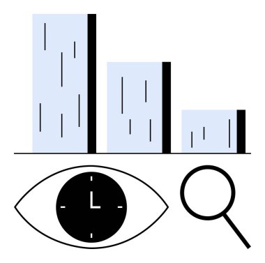 Çubuk grafiği, aşağı inen parmaklıklar, büyüteç ve saat simgesi olan gözler. Veri analizi, zaman izleme, iş büyümesi, analitik, araştırma, strateji ve soyut düz çizgi metaforu için ideal