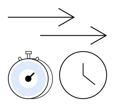 Kronometre, duvar saati ve hız, verimlilik ve ilerleme sağlayan iki ok. Üretkenlik, son teslim tarihleri, takvim, zaman izleme hedefi verimlilik stratejileri belirlemek için idealdir.