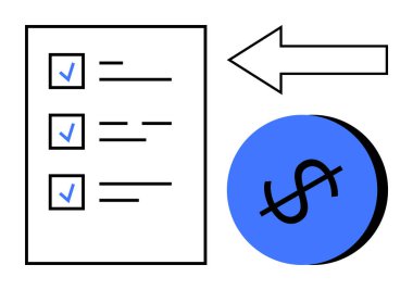 İşaretli listede üç madde var. Büyük mavi dolar işareti, sol işaret eden ok. Finansal planlama, bütçe belirleme, hedef belirleme, organizasyon, kişisel finans, görev yönetimi işi için ideal