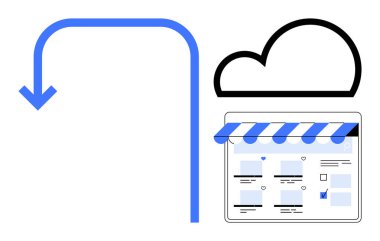 Mavi bir oka bağlı dijital bir mağaza önü web sayfasının üzerinde bulut simgesi. Çevrimiçi iş, bulut depolama, e-ticaret çözümleri, dijital pazarlama, internet trafiği, sanal mağazalar, web siteleri için ideal