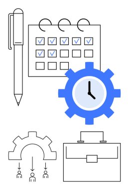 Kalem ve işaretlenmiş takvim, zaman yönetimi için saat teçhizatı, simgelerle birlikte iş akışı teçhizatı ve evrak çantası üretkenliği, planlamayı, verimliliği, organizasyonu, iş akışını, takım çalışmasını ve soyut çizgiyi temsil ediyor