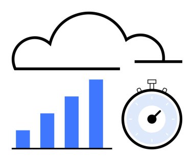 Bulut çizgisi mavi yükselen bar çizelgesi ve kronometre. Teknoloji, verimlilik, büyüme, veri analizi, performans, gerçek zamanlı izleme ve bulut hesaplama için ideal. Satır metaforu