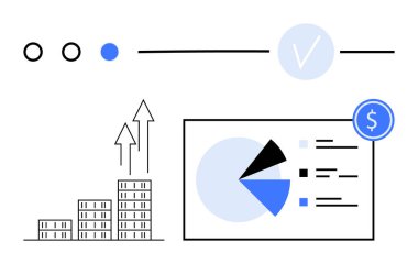 Binalı grafikler, pasta grafiği, yükselen oklar, finansal ilerleme sembolü ve görev tamamlama işareti. Finans, analitik, iş stratejisi, büyüme yatırımı, soyut çizgiyi izlemek için ideal
