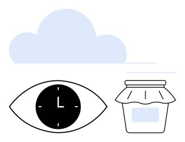 Göz saati zamanı sembolize ediyor, kavanoz muhafazayı ve soyutlamayı çağrıştıran bir bulut. Zaman yönetimi, farkındalık, bulut depolama, muhafaza, basitlik, yaratıcılık soyut çizgi için ideal