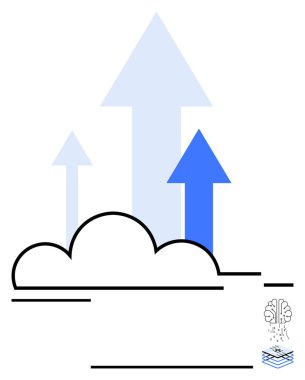 Bulutun üzerinde yükselen oklar, veriyi, teknolojiyi ve yeniliği temsil ediyor. Bulut hesaplama, veri büyümesi, yenilik, iş stratejisi, dijital dönüşüm için idealdir.