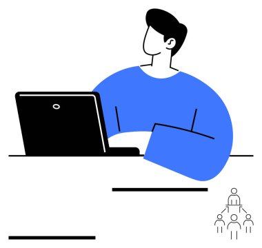 Masada dizüstü bilgisayarla oturan, köşedeki küçük hiyerarşi çizelgesine odaklanmış biri. Liderlik için ideal, üretkenlik, takım çalışması, strateji, organizasyon, uzak çalışma, soyut çizgi düz metafor