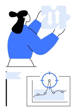 Elinde oklarla bir yapboz parçası tutan kadın, ilerlemeyi gösteren grafiği ve başarıyı simgeleyen bayrağı taşıyor. Sorun çözme, takım çalışması, yenilik, hedef belirleme, analitik, soyut strateji için ideal