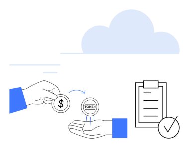 Jeton için dolar değişimi, bulut sembolünün önünde işaretli kontrol listesi. Dijital para birimi, engelleme zinciri, mali işlemler, anlaşmalar, teknoloji, ekonomi, soyut çizgi için ideal