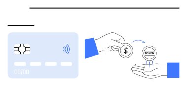Temassız kart, el değiştiren bozuk para ve jeton. Fintech, engelleme zinciri, ödemeler, işlemler, modern bankacılık, dijital para birimi, soyut çizgi düz metafor için ideal