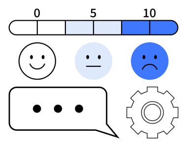 0-10 arası değişen ölçek, nötr duygular gülümseme, sohbet balonu ve vites. Geri bildirim, tatmin, kullanıcı deneyimi, müşteri hizmetleri, analitik iletişim soyut çizgisi düz metaforu için idealdir
